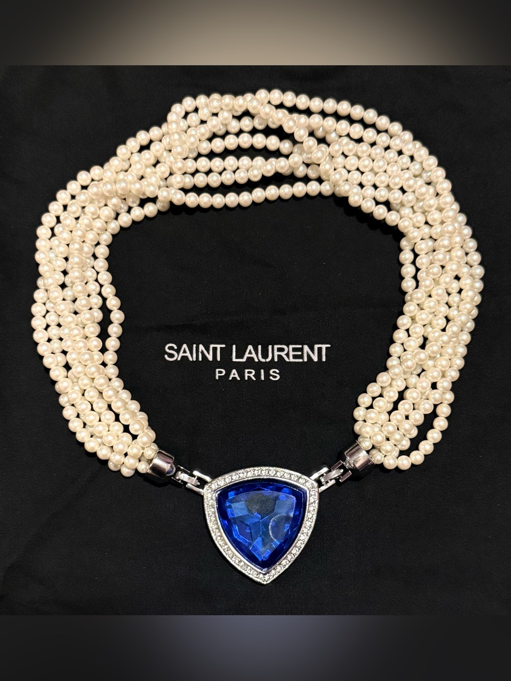 Yves Saint Laurent YSL Faux Pearl Crystal Blue Statement Multistrand Necklace